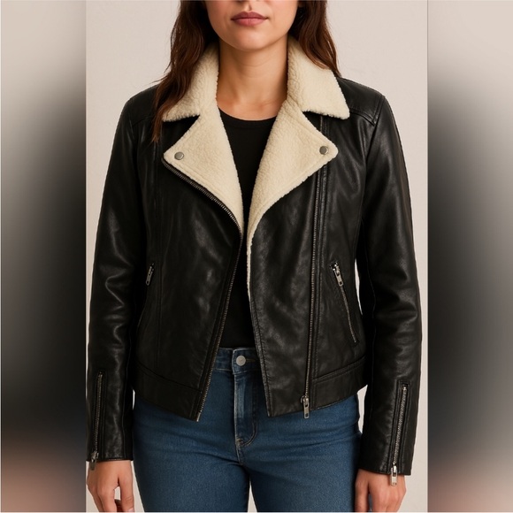Women's Black Faux Leather Jacket with Cream Lining - Picture 2 of 2